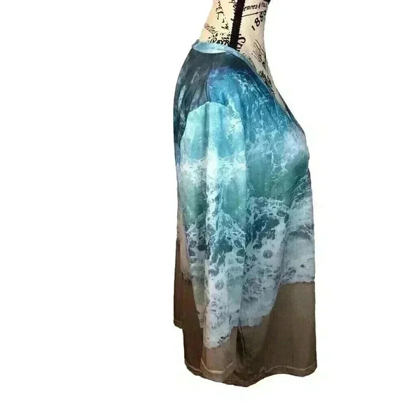 Womens XL Blue White Brown Water Color Beachy Blouse Unbranded 3/4 Sleeves - Picture 2 of 5